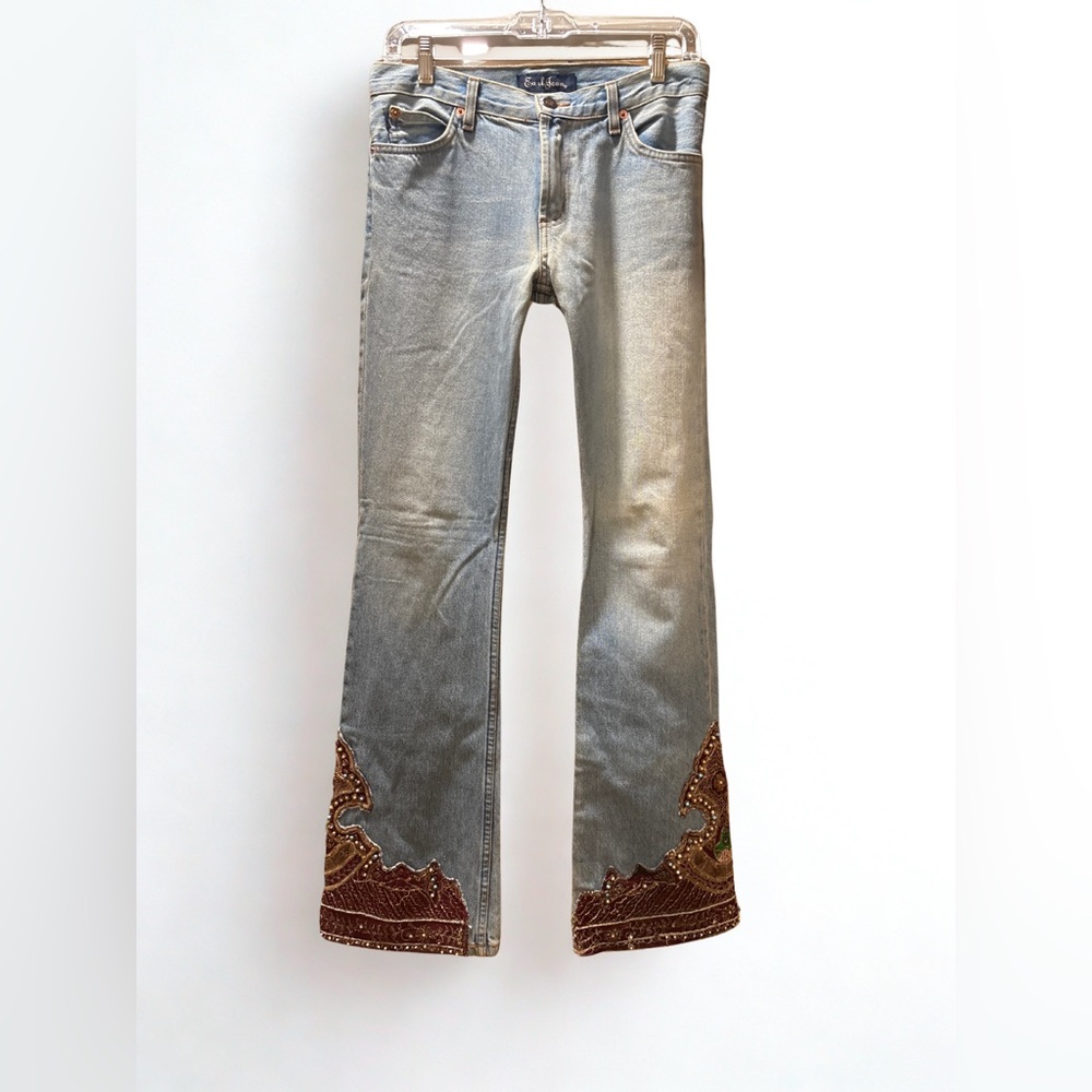 Vintage Earl Jean Embellished Flare Jeans 27 — Y2K Beaded Velvet Hem